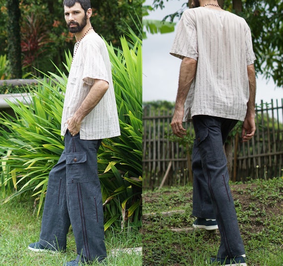 Hippy Unisex Baggy Cotton Trousers in Red Stripes with cargo side pockets