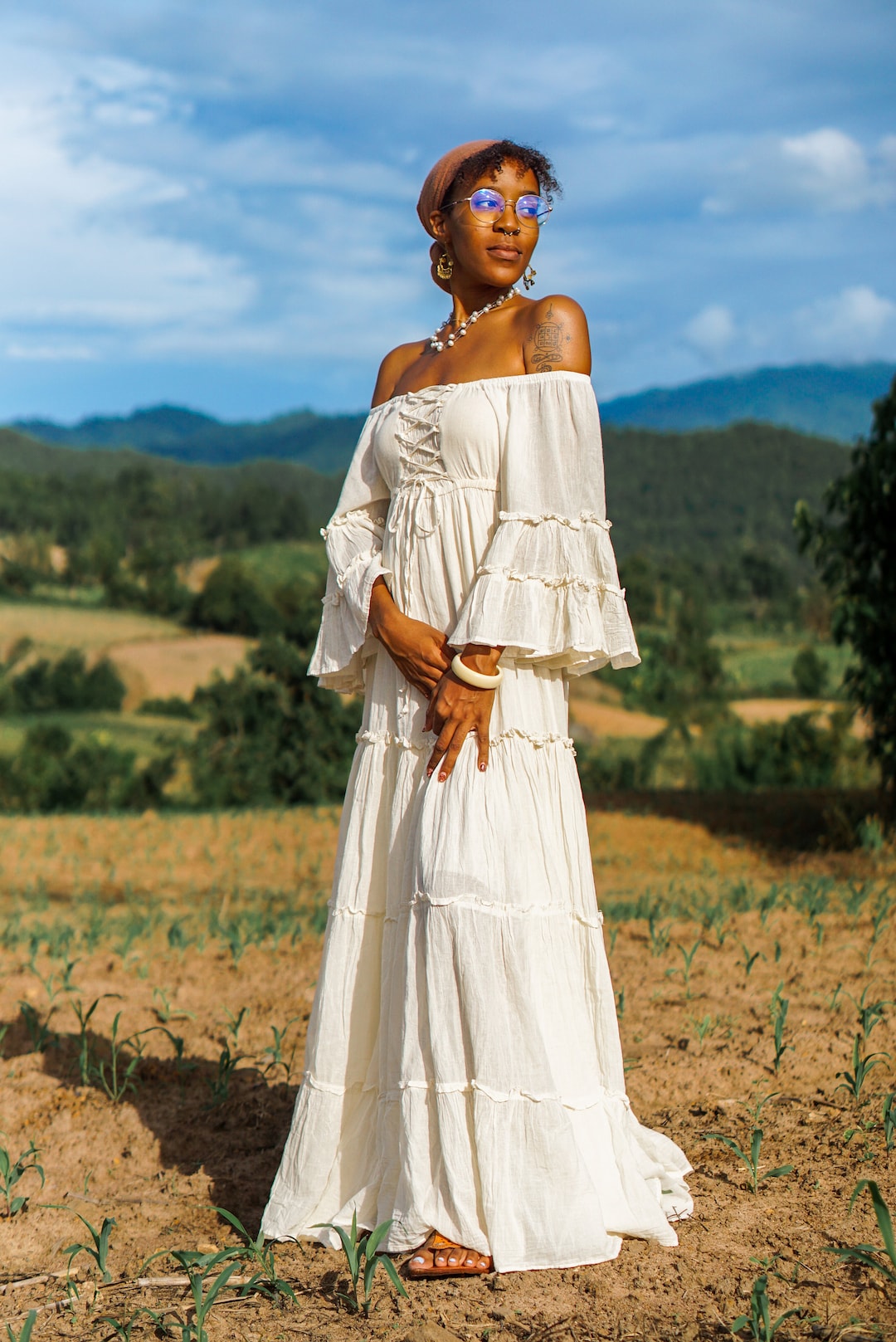 Cotton Bohemian Dress, Long Bohemian Dress, Angels Sleeves Dress, Off White Maxi Dress, Long Sleeves Cotton Dress, Summer Dress, White Dress