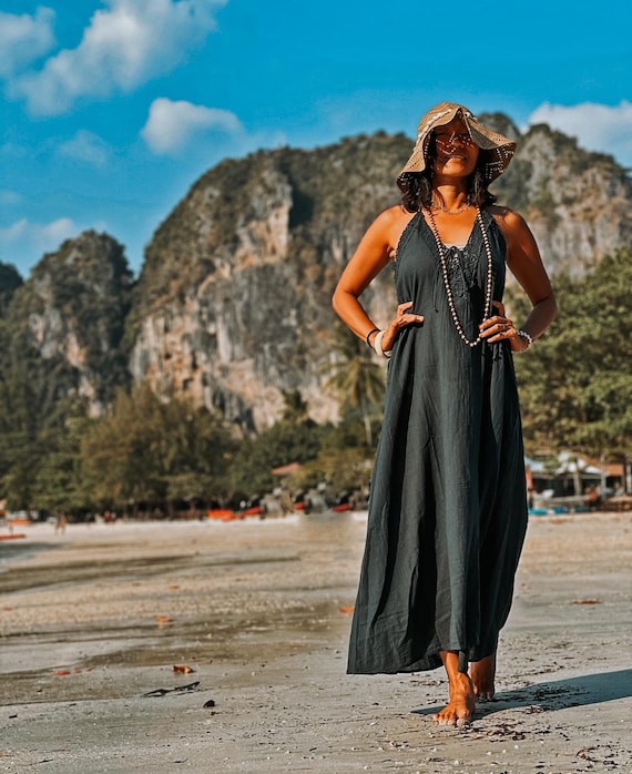 black cotton beach dress Maxi — Casual Sleeveless Summer Dress, Loose Long Vacation Dress, Relaxed Everyday Style Women, Lace Black Long Dress Women’s Black Tennis Dress Colour:Bright White lace with thin straps