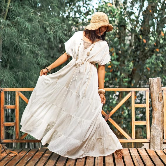 Maxi Bohemian Dress -- Long Boho V-Neck Dress, Flowy Cotton Summer Dress, Women Beach Vacation Outfit, Lace Off White Wedding Guest Dress