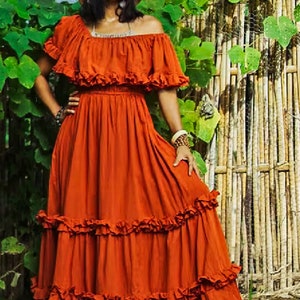 Burnt Orange Dress, Boho Orange Dress, Women Orange Dress, Women Orange Long Dress, Orange Flare Dress, Orange Dress Women, Off Shoulder image 6