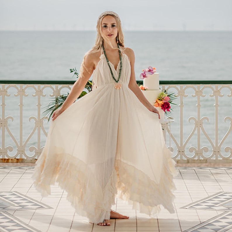 Summer Boho Dress, Ruffle Cotton Bohemian Dress, Sleeveless Boho Dress, Off White Cotton Dress, Strappy Open-Back Maxi Dress image 4