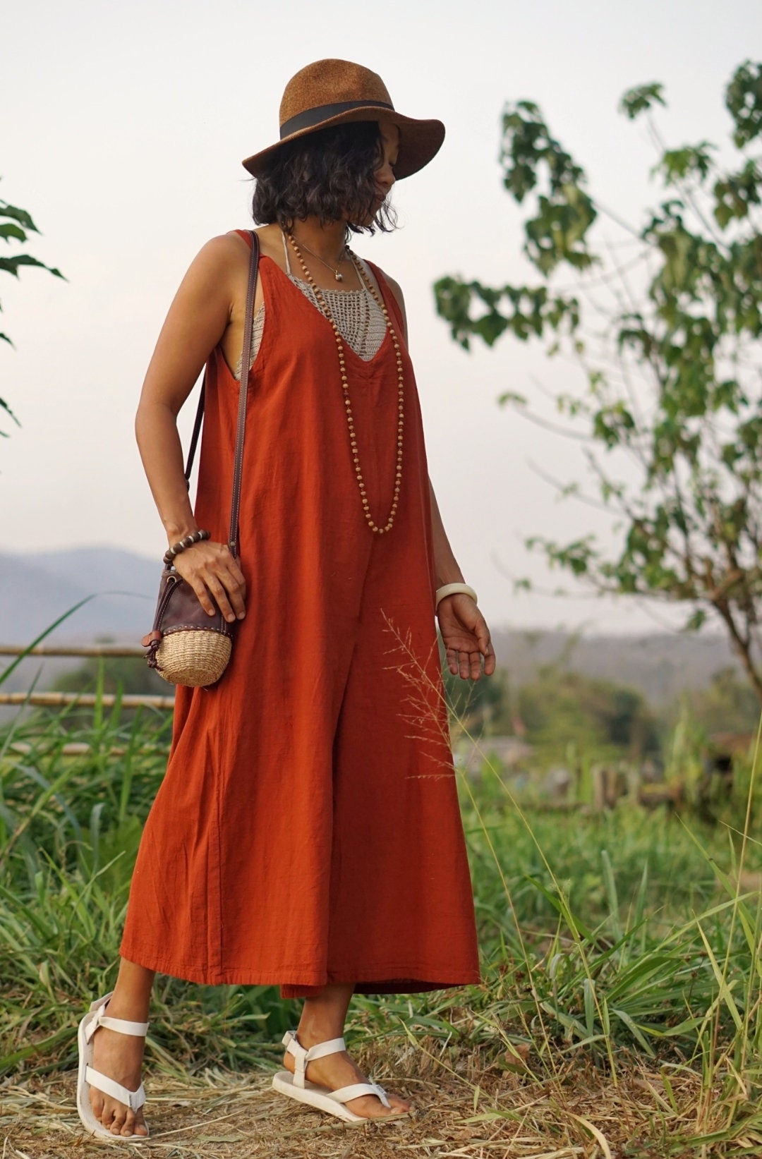 Burnt Orange Cotton Jumpsuit for Summer Sleeveless Wide Leg | Etsy