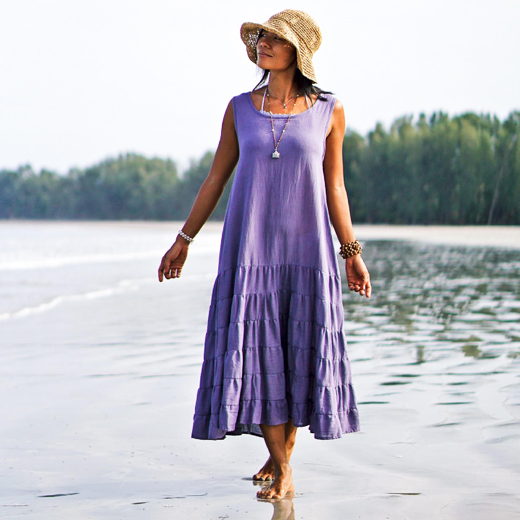 purple beach maxi dress Lavender Cotton — Vacation Boho Dress, Flowy Romantic Sleeveless Long Dress, Summer Hippie Round Neck Women Dress natural fiber Color:Burgundy Suede * Strapless silhouette * Jackie Kennedy Evening Gown