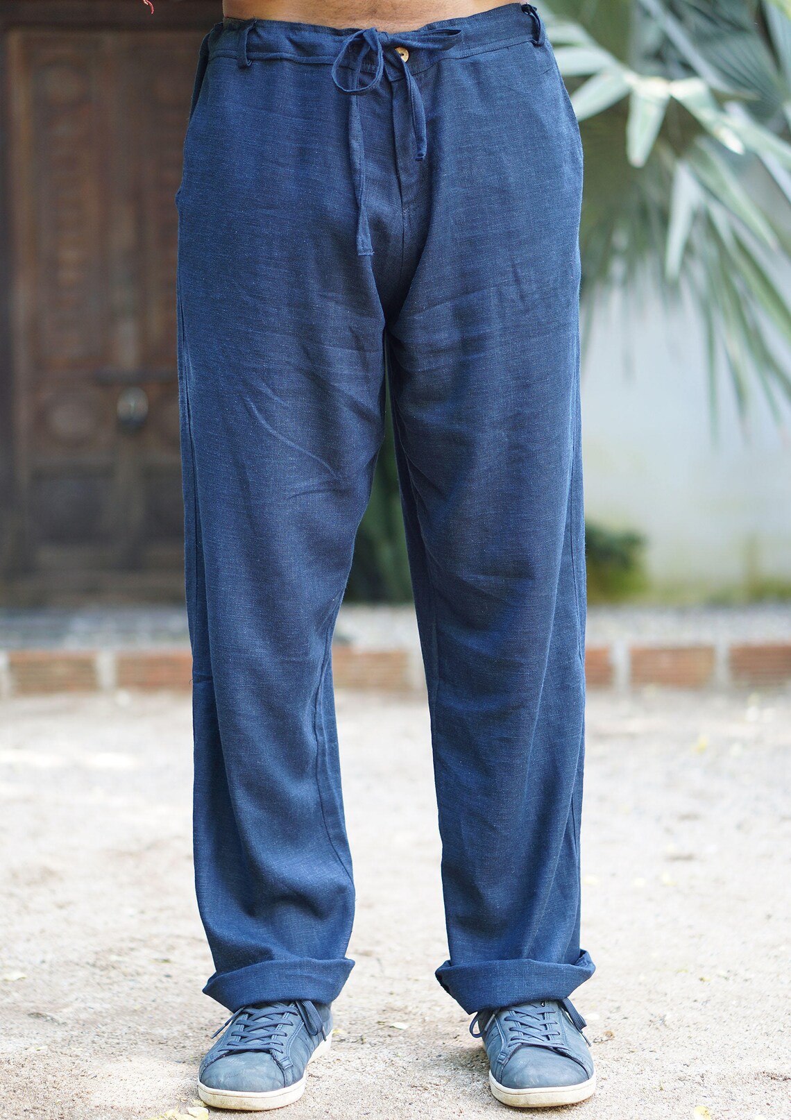 Loose Fit Blue Hemp Pants for Men Drawstring Waist Hemp Pants Etsy