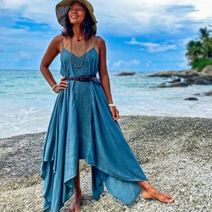 blue grey long dress Simple A Line Satin Gray Blue Long Prom Dress, Gray Blue Long Bridesmaid Dress US 14 / Gray Blue(As Picture)