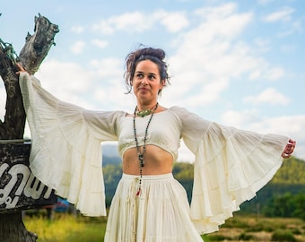 Weiß Baumwolle Crop Top, weißes Oberteil mit langen Ärmeln für Frauen, Engel Ärmel Top, Sommer Engel Ärmel Top, Baumwoll Festival Top / Kostenloser Versand