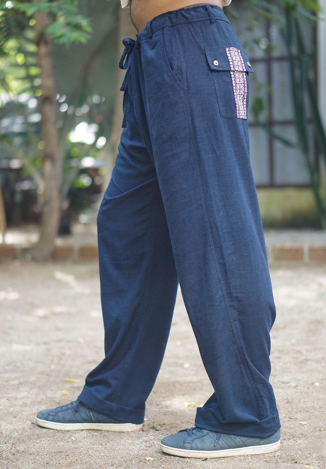 Loose Fit Blue Hemp Pants For Men Drawstring Waist Hemp Pants Etsy