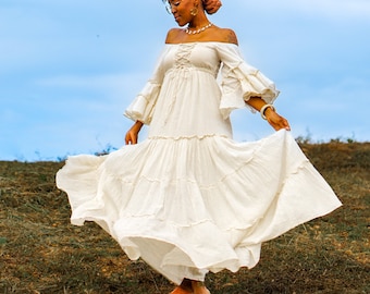 Bohemian Angel Sleeve Maxi Dress in Cream | Raw Cotton Lace Dress |  Festival Gown | Summer Dress | One Size Boho Dress. | Boho Wedding - Etsy