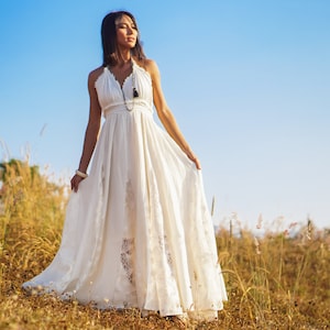 Kanten bruiloft maxi-cirkeljurk voor dames, gebroken witte mouwloze en rugloze lange jurk voor de zomer, boho en elegante katoenen maxi-jurk