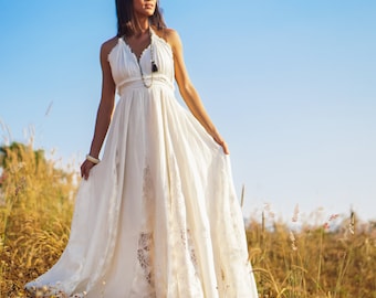 Lace Wedding Maxi Circle Dress for Women, Off White Sleeveless and Backless Long Dress for Summer, Bohemian and Elegant Cotton Maxi Dress