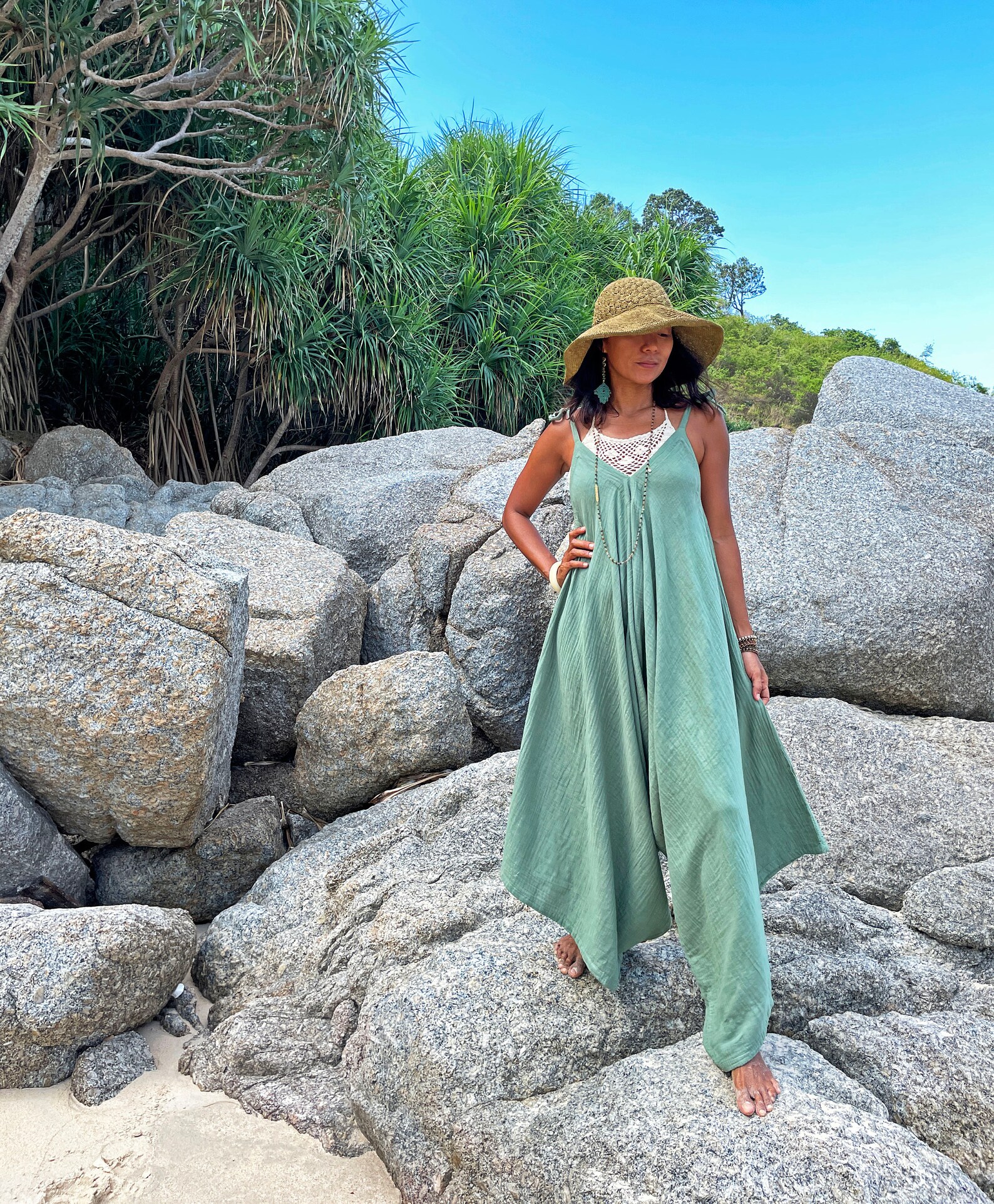 Green Double Gauze Cotton Jumpsuit for Women Elegant Loose Etsy