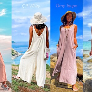 White Cotton Overalls — Loose Summer Jumpsuit, Sleeveless Wide-Leg One-Piece Outfit, Casual Boho Style Women, Pocket Off Minimalist Overall image 11