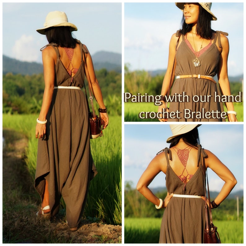Double Gauze Cotton Sleeveless Jumpsuit for Festival V Front Back Asymmetric Jumpsuit for Summer Brown Oversize Harem Jumpsuit for Women