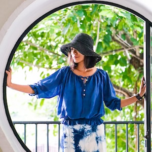 Blusa de algodão cru azul índigo para mulheres, blusa elegante plus size estilo morcego para o verão, blusa casual com babados e cintura elástica, índigo
