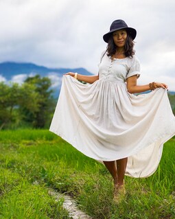 Off White Tencel Maxi Dress -- Flowy Empire Waist Summer Dress, Boho Wedding Guest Dress, Long Flare Spring Button Front Dress, Short Sleeves