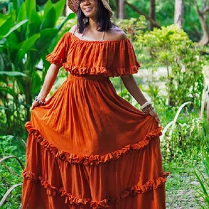 Burnt Orange Dress, Boho Orange Dress, Women Orange Dress, Women Orange Long Dress, Orange Flare Dress, Orange Dress Women, Off Shoulder image 2