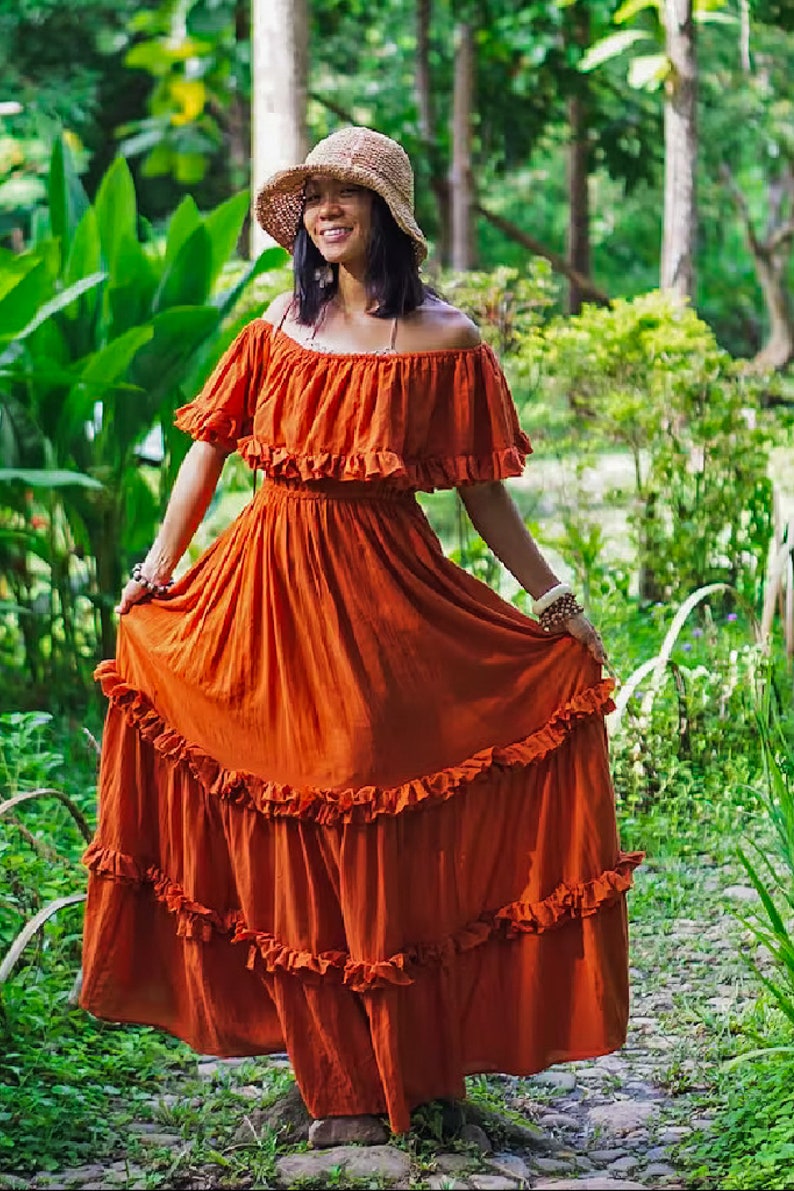 Burnt Orange Dress, Boho Orange Dress, Women Orange Dress, Women Orange Long Dress, Orange Flare Dress, Orange Dress Women, Off Shoulder image 2