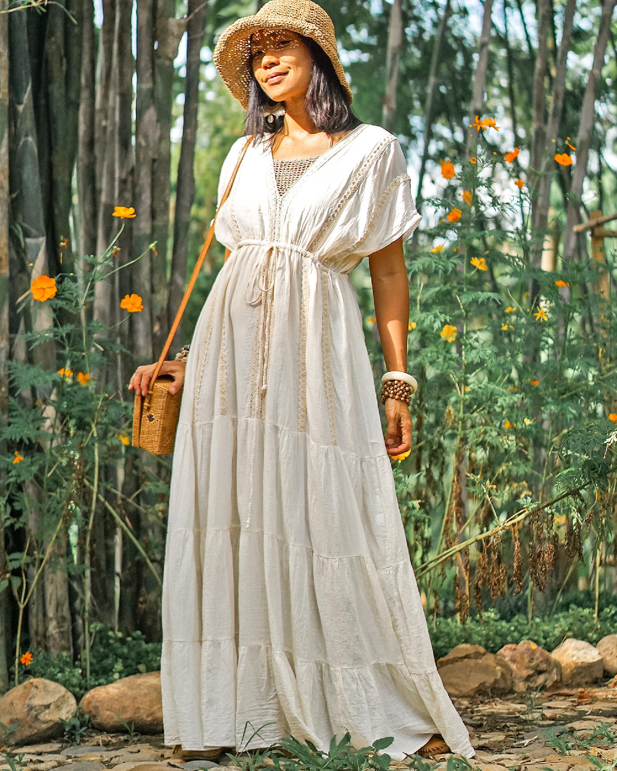 Maxi Bohemian Dress — Long Boho V-neck Dress, Flowy Cotton Summer Dress, Women Beach Vacation Outfit, Lace off White Wedding Guest Dress