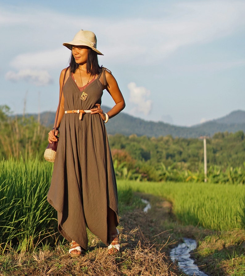 Double Gauze Cotton Sleeveless Jumpsuit for Festival V Front Back Asymmetric Jumpsuit for Summer Brown Oversize Harem Jumpsuit for Women