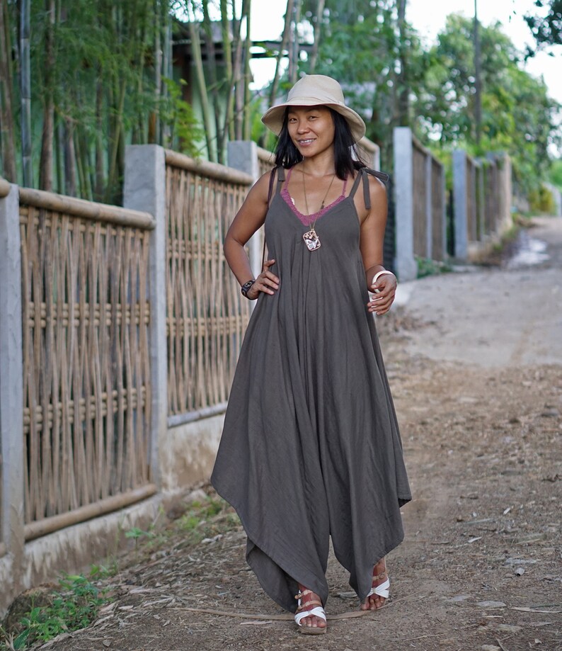 Double Gauze Cotton Sleeveless Jumpsuit for Festival V Front Back Asymmetric Jumpsuit for Summer Brown Oversize Harem Jumpsuit for Women