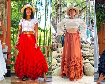 Maxi Red Cotton Skirt for Summer, Long Ruffle Red Skirt for Women