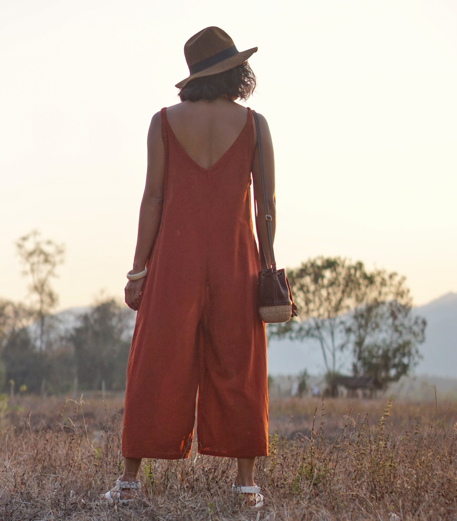 Burnt Orange Cotton Jumpsuit for Summer Sleeveless Wide Leg | Etsy