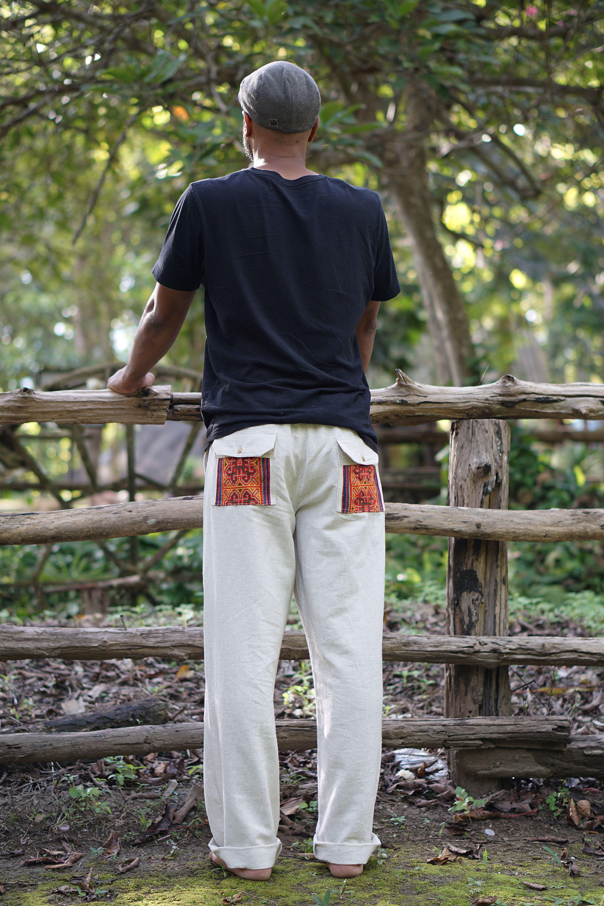 White Orange Linen Ramie Pants for Men 