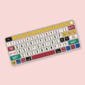 Könnte beinhalten: Eine weiße Tastatur mit bunten Tasten. Die Tasten haben verschiedene Symbole und Buchstaben, darunter die Buchstaben ESC, TAB, CAPS LOCK, SHIFT, FN, CONTROL, ALT, OPTION, COMMAND, DELETE, ENTER, RETURN und SHIFT. Die Tasten sind in einem Standard-QWERTY-Layout angeordnet.