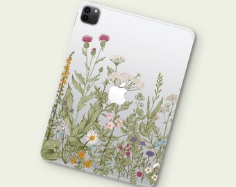 Funda transparente para iPad con diseño botánico de flores silvestres: calcomanía protectora transparente con diseño floral vintage