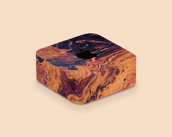 Molten Amber Fluid Art Mac Mini M4 Skin, Burnt Orange Navy Abstract Mac Mini Wrap, Molten Amber Navy Apple Device Decal