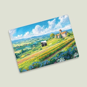 以下が含まれることがあります： 小さな村と、野花が咲き乱れる野原を縫うように続く曲がりくねった小道がある、カラフルな風景。空は白雲が広がる青い空です。