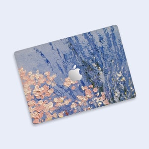 Impressionistic Pink Floral & Blue Background MacBook Skin | Artistic Texture MacBook Protective Cover | Oil Painting Texture MacBook Decal