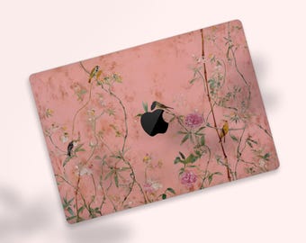 Vintage Chinoiserie MacBook Air Skin, Pink Peony Bird MacBook Decal, Botanical Nature Laptop Wrap