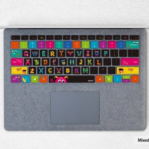 May include: A laptop keyboard with colorful monster-themed keycaps. The keycaps feature letters, numbers, and symbols. The keyboard is gray and has a black trackpad.