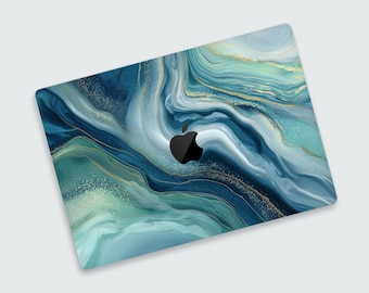 Ocean Agate MacBook Skin, Teal Fluid Art MacBook Decal, Blue Marble Gold Vein Laptop Wrap