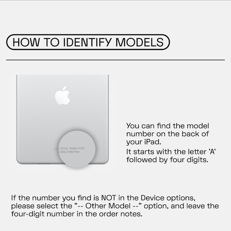 Puede incluir: Un iPad blanco con un logotipo de Apple plateado en la parte posterior. El texto "In China Model A1701 C345LZYBHFXW" es visible en la parte posterior del iPad. El texto "HOW TO IDENTIFY MODELS" est&aacute; en la parte superior de la imagen. El texto "You can find the model number on the back of your iPad. It starts with the letter 'A' followed by four digits." est&aacute; debajo de la imagen del iPad. El texto "If the number you find is NOT in the Device options, please select the "-- Other Model --" option, and leave the four-digit number in the order notes." est&aacute; en la parte inferior de la imagen.