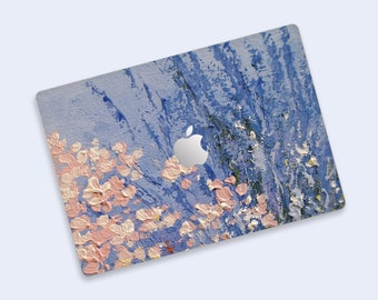 Pink Floral and Blue Background MacBook Air Skin | Artistic Floral Design MacBook Pro Skin | Romantic Pink Petals Art Skin MacBook Decal