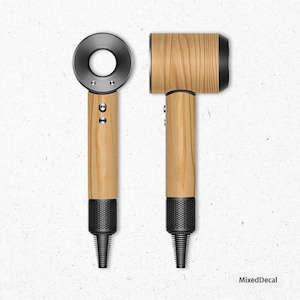 May include: A black and wood-toned hairdryer with a round handle and a nozzle. The hairdryer has a wood-grain pattern on the handle and nozzle.