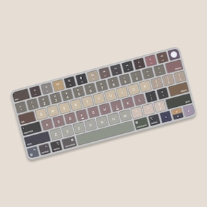 May include: A white keyboard with a light grey and brown colour scheme. The keys have various symbols and letters, including the standard QWERTY layout, function keys, and arrow keys. The keyboard has a light grey border and a white background.