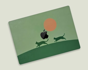 Cat Silhouette MacBook Skin, Minimalist Folk Art MacBook Decal, Green Landscape Laptop Wrap