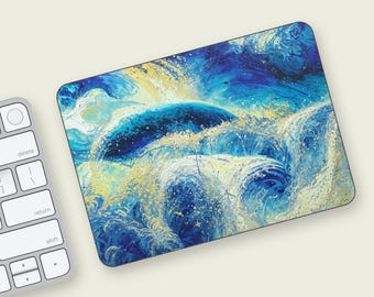 Blue Ocean Swirl Magic Trackpad Skin, Abstract Fluid Art Trackpad Wrap, Gold Splash Wave Vinyl Decal
