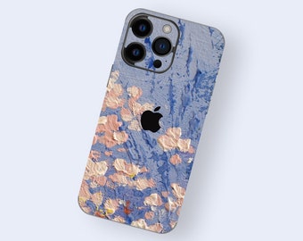 Skin adhésive iPhone floral rose impressionniste et fond bleu | Coque iPhone à motif floral artistique | Sticker de protection pour iPhone Fleurs chaudes