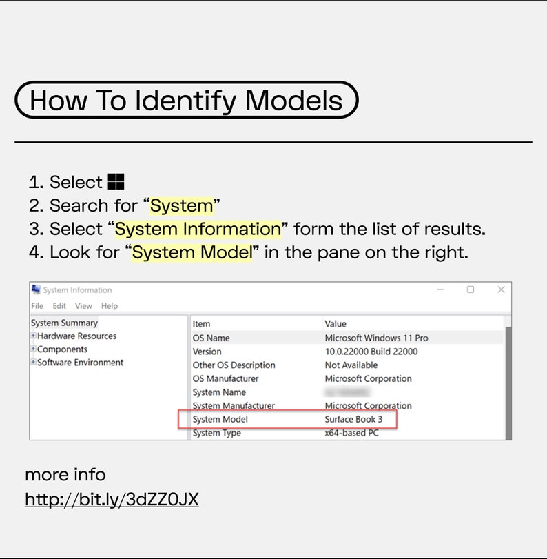 May include: A screenshot of a Windows 11 computer showing how to identify the system model. The instructions are: 1. Select, 2. Search for "System", 3. Select "System Information" form the list of results, 4. Look for "System Model" in the pane on the right. The system model is shown as "Surface Book 3".