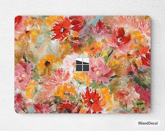 May include: A colorful abstract floral design with red, pink, yellow, and orange flowers. The design is painted in a loose, impressionistic style.