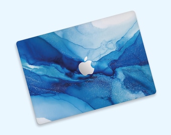 Blue Ocean MacBook Skin, Navy Fluid Art MacBook Decal, Abstract Wave Watercolor Laptop Wrap