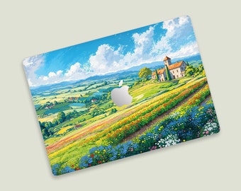 Hand-Draw Serene Countryside MacBook Skin | Vibrant Countryside MacBook Cover | Fantasy Countryside Landscape Artwork MacBook Skin
