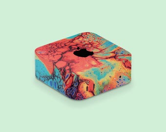 Colorful Fluid Pour Art Mac Mini M4 Skin, Coral Turquoise Abstract Mac Mini Decal, Vibrant Acrylic Design Desktop Wrap