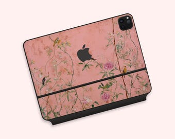 シノワズリー風花鳥柄iPadマジックキーボードスキン、ピンクの牡丹の花柄マジックキーボードデカール、植物鳥柄ラップ