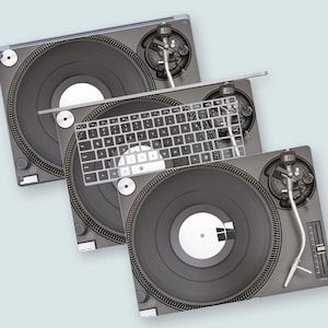 May include: Three black vinyl record players with a keyboard overlay on the middle one. The record players have a silver tone needle and a black record on each.